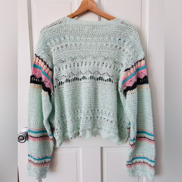 POL Arctic Blue Abstract Print Cropped Crochet Cardigan Sweater Size L - Picture 6 of 14